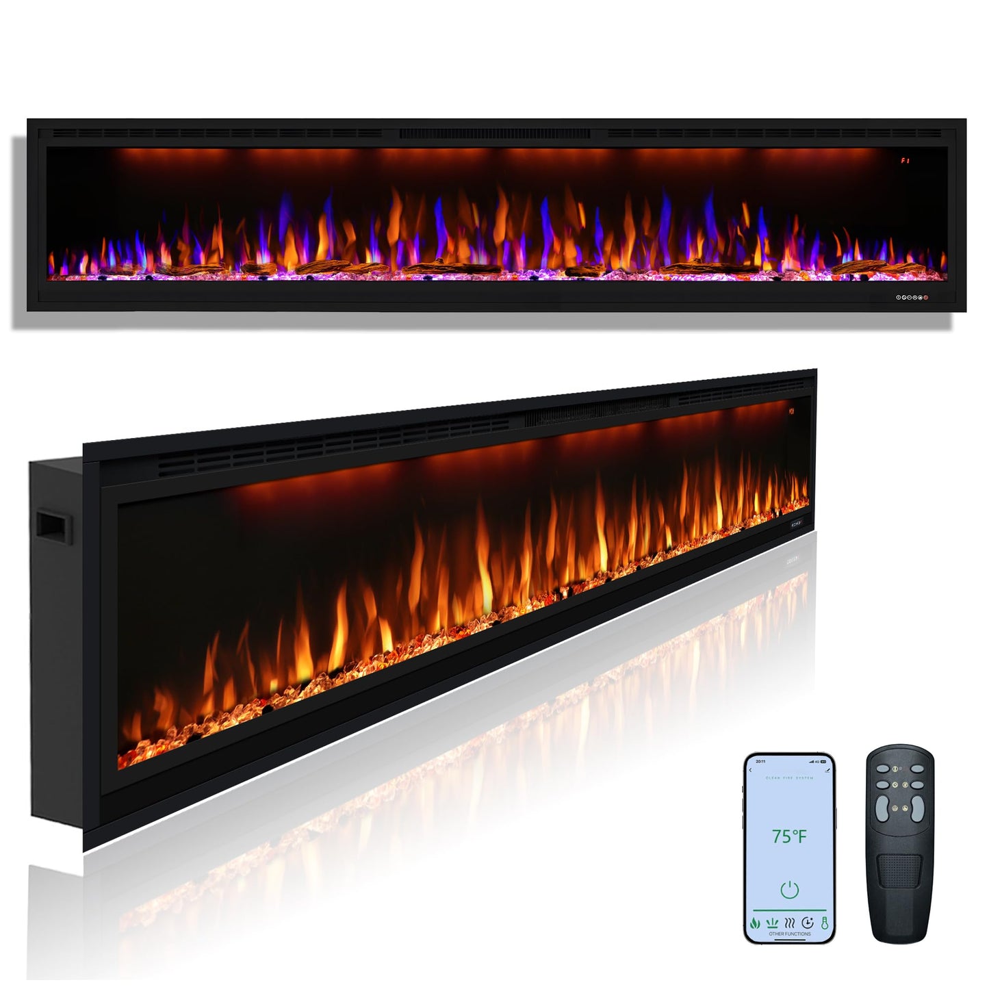 Dreamflame 86 inch Electric Fireplace, Smart Fireplace Insert recessed in Wall and Wall Mounted fire Place Heater with Metal Frame, Multicolor Flame & Realistic logs，Thermostat& Timer, 1500W, Black