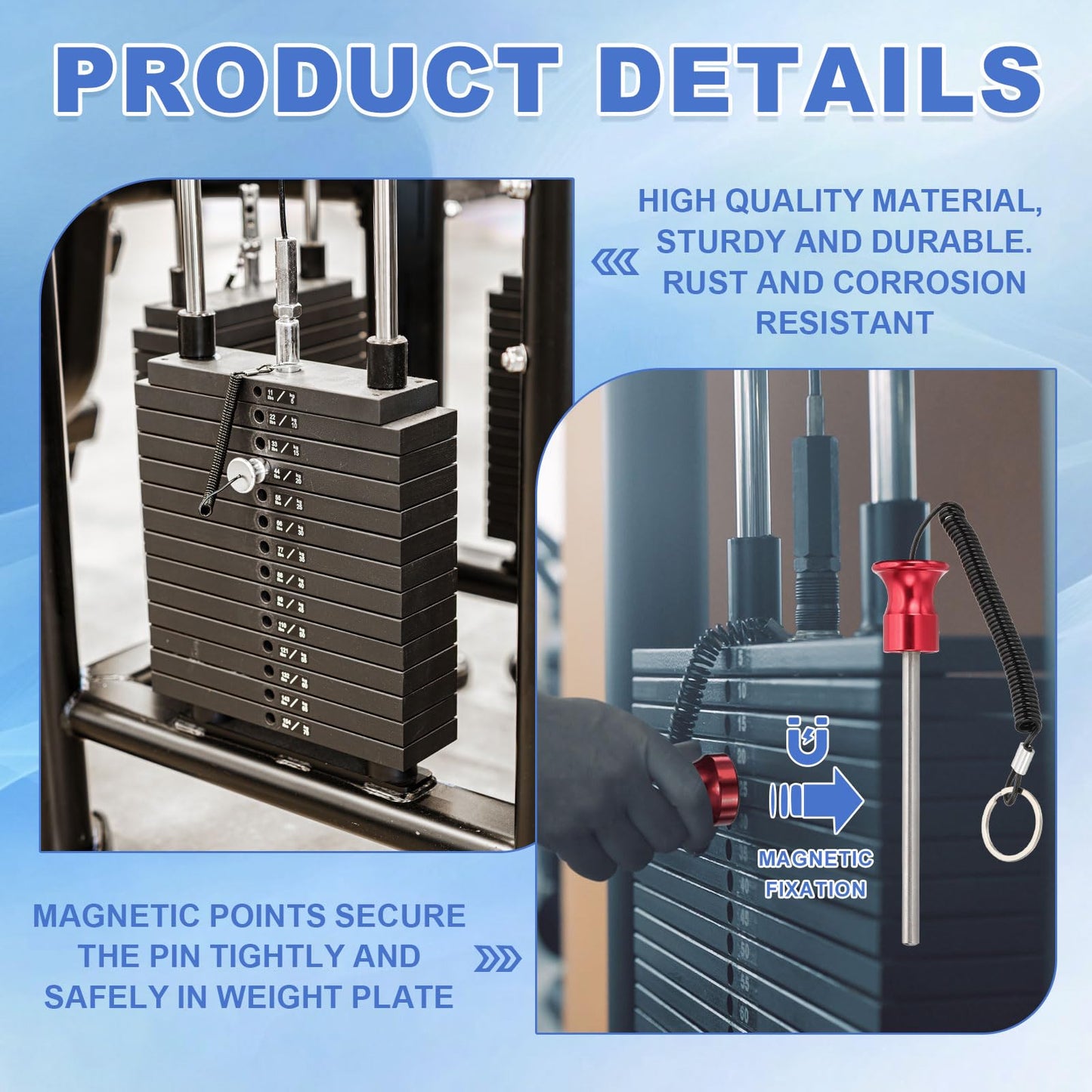 PATIKIL Weight Stack Pin, 3/8" Dia Magnetic Gym Selector Pin 4-1/8"" Length Universal Weight Stack Replacement with Pull Rope for Home Commercial Gym Club Blue"