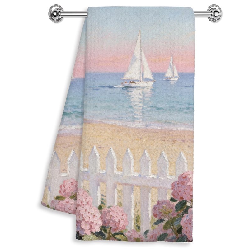 YXYBF Pastel Coastal Nautical Hand Dish Tea Towels for Kitchen Bathroom Beach House Decor 16x24 Inches, Pink Hydrangea Floral Coastal Beach Kitchen Towels Decorative