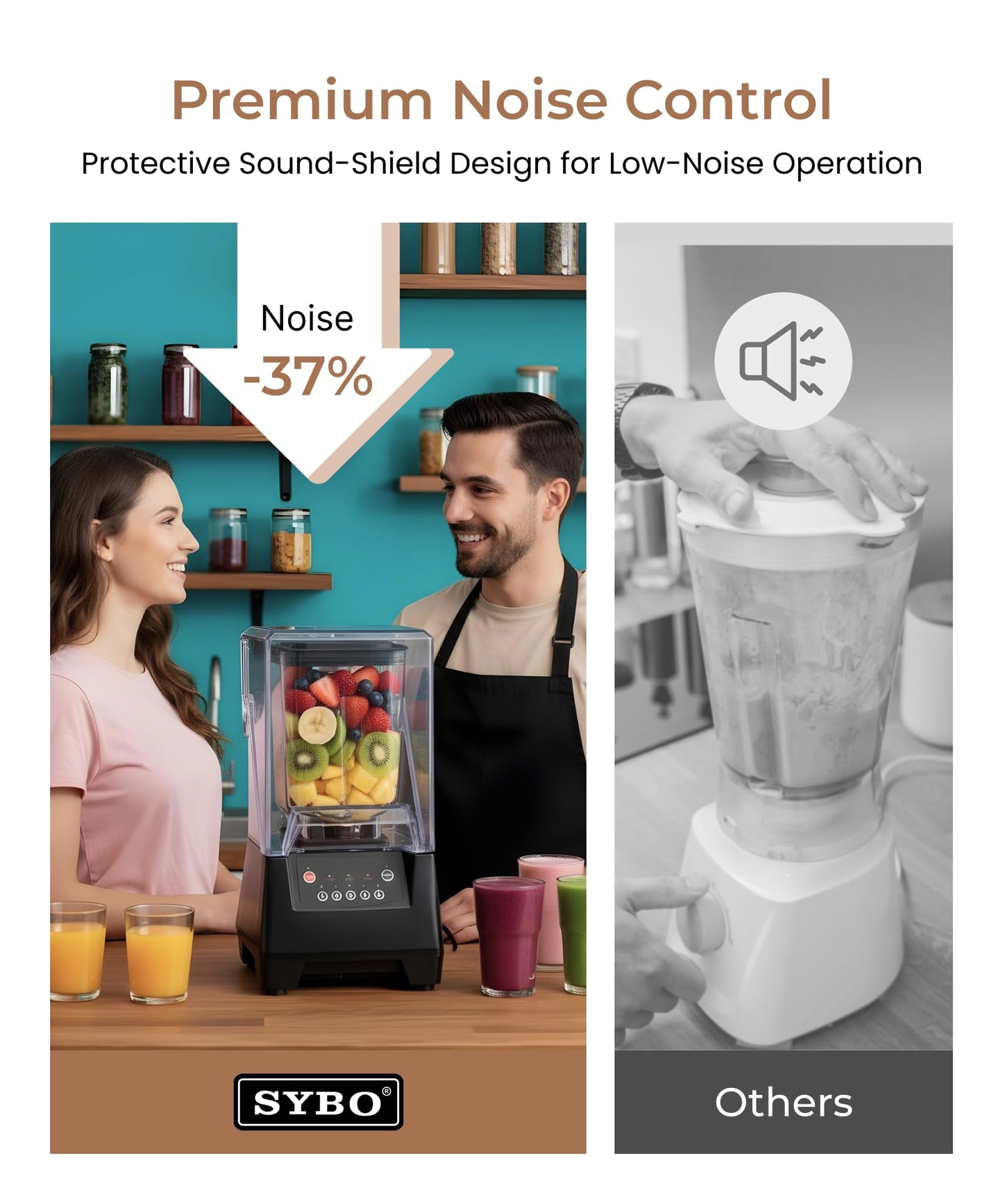 SYBO HS-210E Professional-Grade Commercial Blender With Quiet Shield, Heavy-Duty 2HP High-Speed, 48oz BPA-Free Jar, Easy Cleaning & Dishwasher-Safe, for Juice, Ice Shakes, Smoothies, Metallic