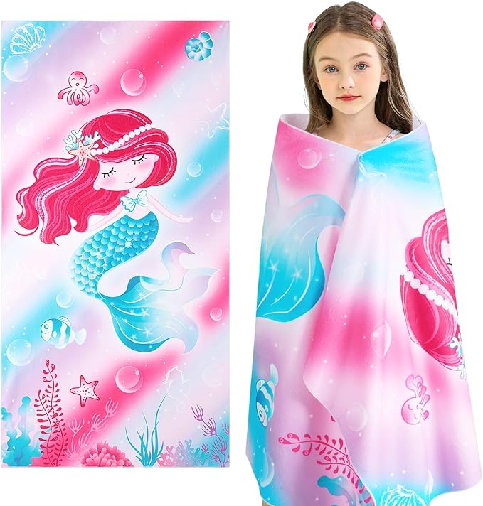 WERNNSAI Mermaid Kids Beach Towel - 30” x 60”Mermaid Sand Free Towels for Girls Quick Dry Swim Towel Beach Blanket Ultra Absorbent Light Beach Towels Travel Towel