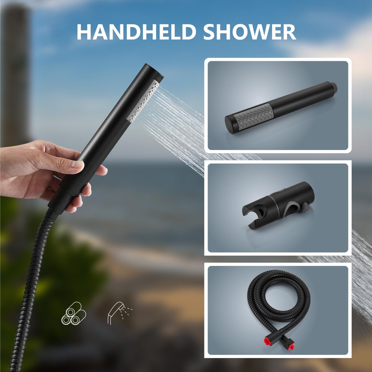 Aolemi Outdoor Shower Kit Outdoor Shower Fixtures Faucet System 2 Handle with 8 Inch Rainfall Shower Head and Handheld Sprayer Exposed Shower with Adjustable Height Shower Pipe Matte Black