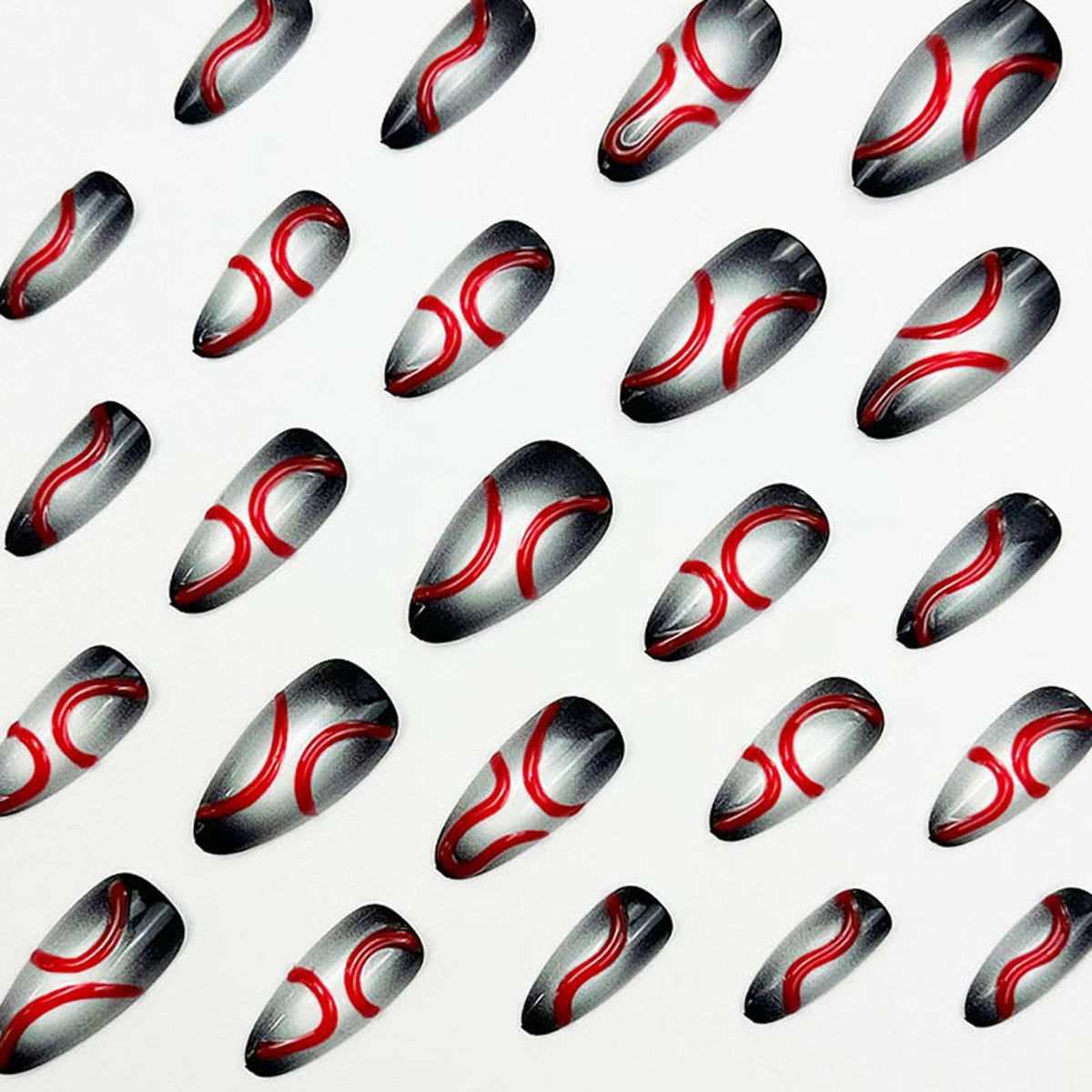 IMRAIN Press on Nails Medium Almond Fake Nails Black White Ombre False Nails with 3D Red Line Designs Full Cover Glossy Y2K DIY Nail Supplies Glue on Nails for Women Girls 24Pcs