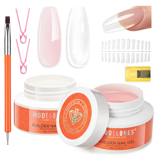 modelones Gel Builder for Nails 2 Colors, 10-in-One Builder Hard Gel Nail Kit Clear Nude with Dual End Brush, Acrylic Clamps, 100PCS Paper Forms for Sculpting Extension Overlays Salon LED Cured