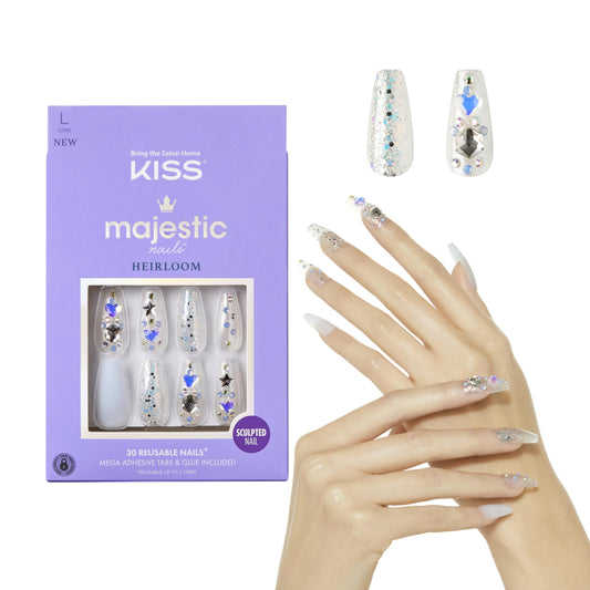KISS Majestic Press On Nails, Nail glue included, 'Your Grace', Light Blue, Long Size, Coffin Shape, Includes 30 Nails, 2g glue, 2 Prep Pads, 2 of 24 Adhesive tabs, 2 manicure sticks, Mini file