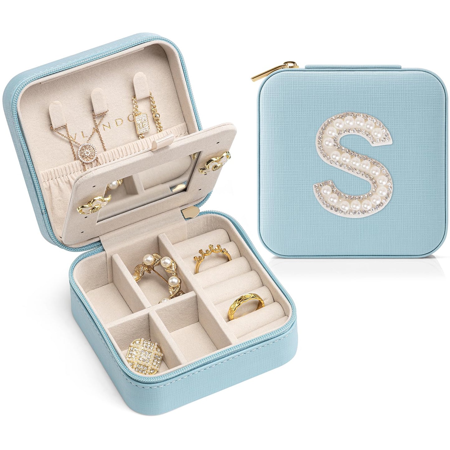 VLANDO Travel Jewelry Box for Girls Women, Initial Jewelry Organizer Box Travel Must Haves Jewelry Case for Girls, Travel Necklace Earrings Ring Box for Daughters, Valentines Gift - Letter S, Blue