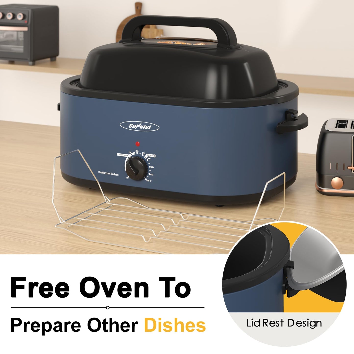 Sunvivi Roaster Oven, Electric Roaster Oven with Viewing Lid, 30lb 26-Quart Turkey Roaster with Unique Defrost/Warm Function, Large Roaster with Removable Pan & Rack, Stainless Steel, Blue