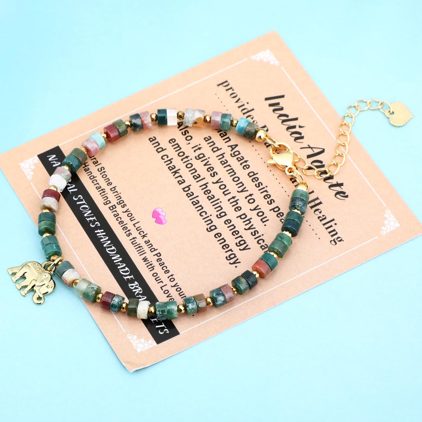 Natural Gemstone Healing Crystal Indian Agate Dainty Charms Elephant Bracelet Adjustable Chain Extender Minimalist Jewelry