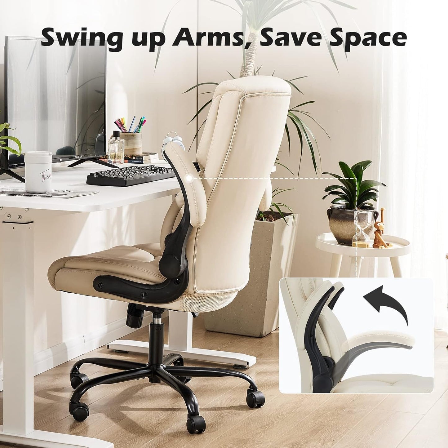 DUMOS Office Chair Set of 2 - Ergonomic Executive Computer Desk Chairs with Adjustable Flip-up Armrest, Swivel Task Chair with Lumbar Support, Strong Metal Base, PU Leather, Cream White