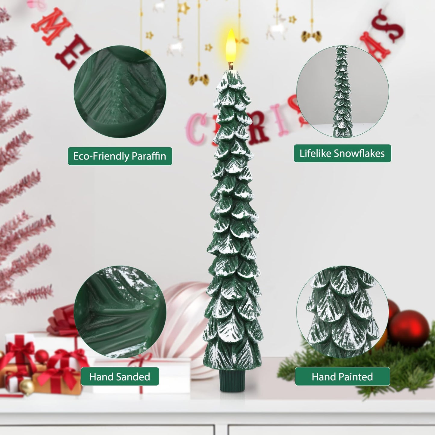 Flameless Candles with Remote – 4 Pack Christmas Tree Candles, Battery Operated Snowy Tree Design, 3D Flickering Flame, Safe Holiday Home Decor for Christmas Decorations & Gifts