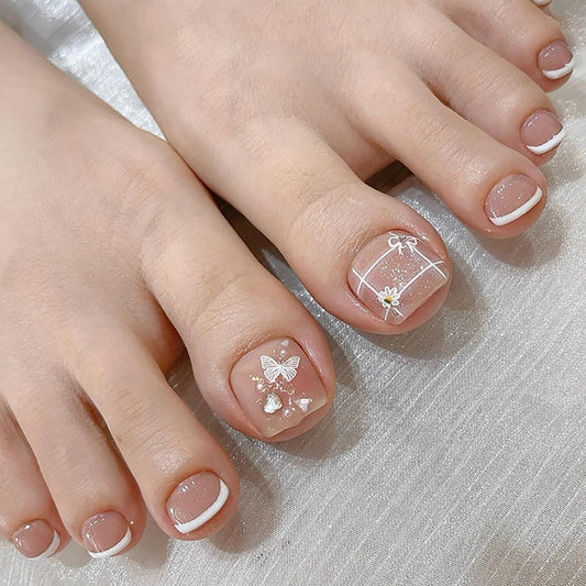 FIEONCIY Press on Toenails with Designs Acrylic Fake Nails for Toe Artificial False Nails with Charms Glue on Toe for Spring Summer Stick on Toenails for Women Girls(F173)