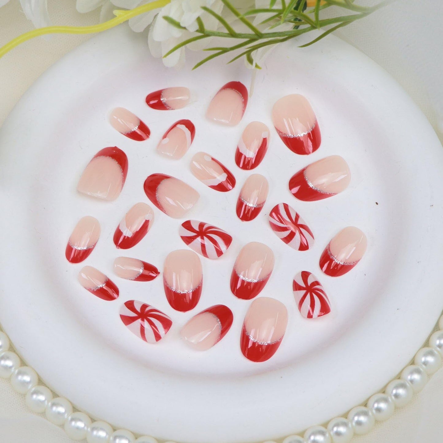 Christmas Press on Nails Short Oval French Tip Fake Nails with Swirl Glitter Designs Christmas Nails Press ons White Red Glossy Acrylic Nail Winter Stick on Nail for Women 24 Pcs