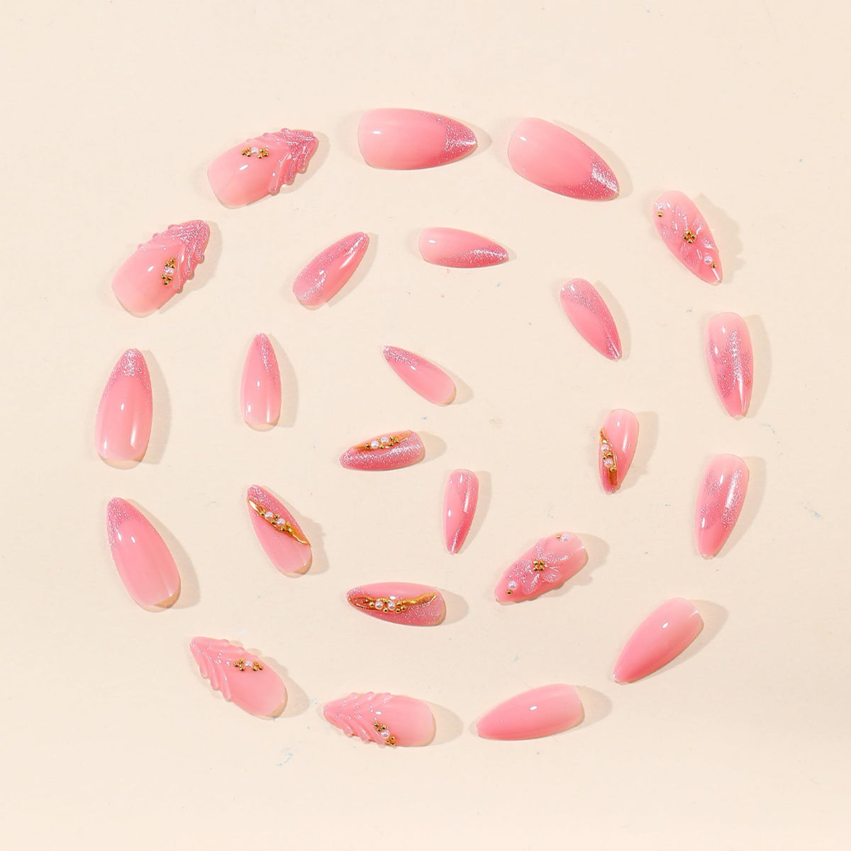 Long Press on Nails Almond Fake Nails Pink Artificial Nail Floral Stick on Nail with 3D Flower Pearl Gold Line Shimmer Accent Romantic Look for Women 24pcs