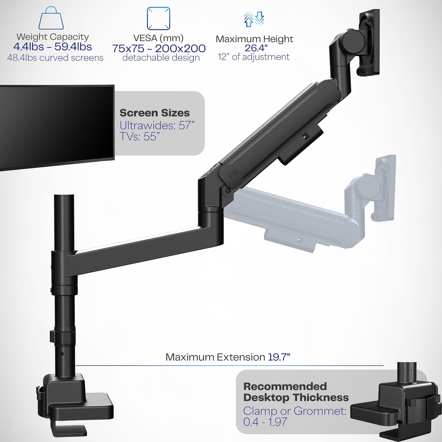 VIVO Heavy Duty Ultrawide Monitor Arm with Pole, 57 inch Screens up to 59.4 lbs, Desk Mount TV and Monitor Stand Designed for Samsung Odyssey Ark, Neo G9, ViewFinity S9, and More, Black, STAND-GT57T