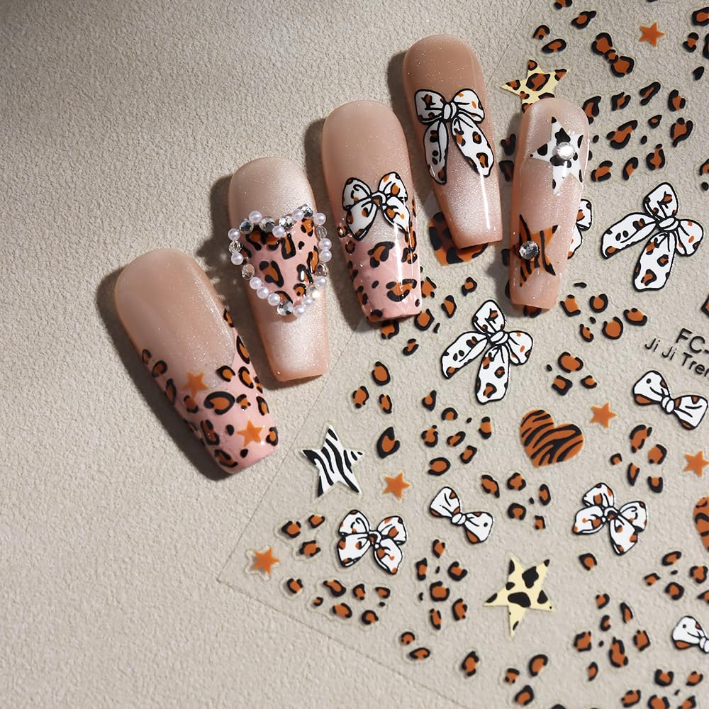 6 Sheets Leopard Print Bow Nail Stickers 3D Self-Adhesive Brown White Bow Tie Nail Decals Cute Bow Star Heart Nail Design Valentines Manicure Accessories Nail Art Stickers for Women Nail Decorations