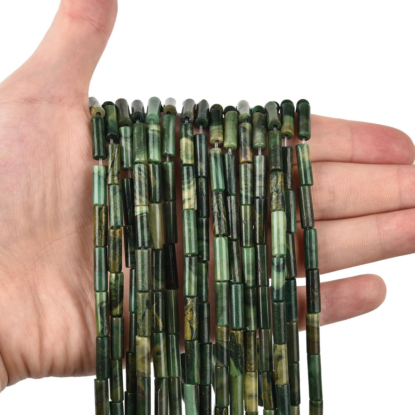 HAAMIIQII Natural Green African Jade Tube Beads 13x4mm Column Stone Cylinder Gemstone Loose Beads for Jewelry Making Strand 15 Inch (28-29pcs)