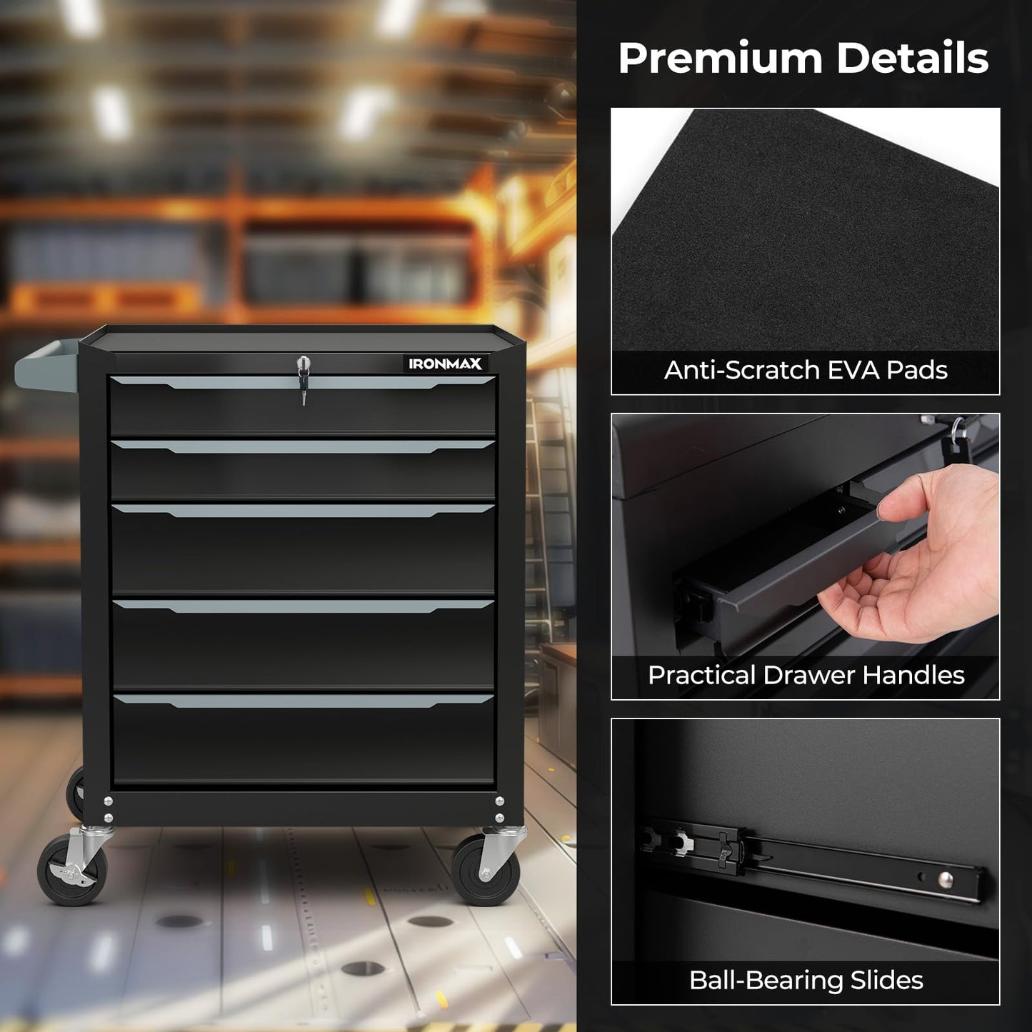 Goplus 5-Drawer Rolling Tool Chest, Steel Tool Storage Cabinet with Handle, Hanging Holes, Central Keyed Locking System, Universal Lockable Wheels, Tool Organizer Box for Garage Workshop