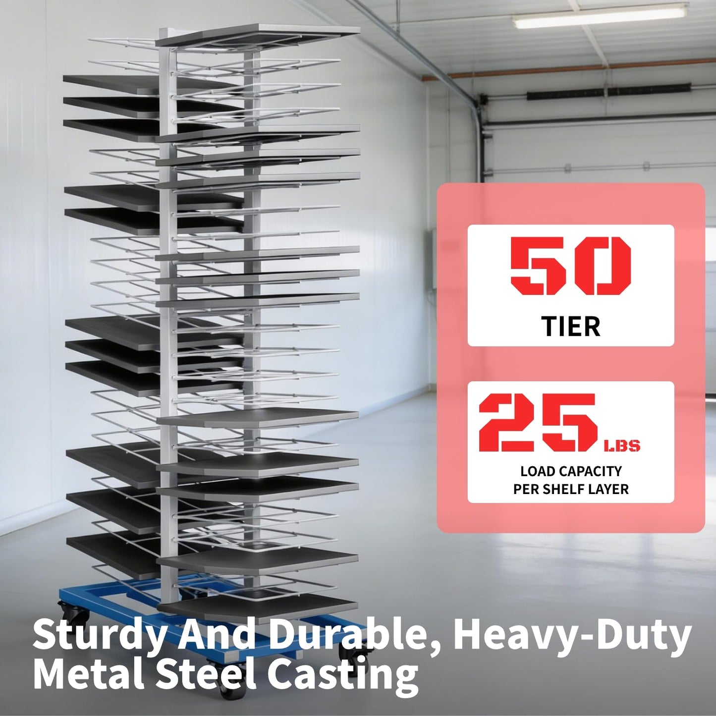 WUGEBA 50-Shelf Paint Drying Rack with 4 Locking Casters, Heavy-Duty Steel Art/Painting Drying Rack, 25 lbs Load per Shelf, 2.1" Tier Spacing, Mobile Organizer for Panels, Drawings & Cabinet Doors