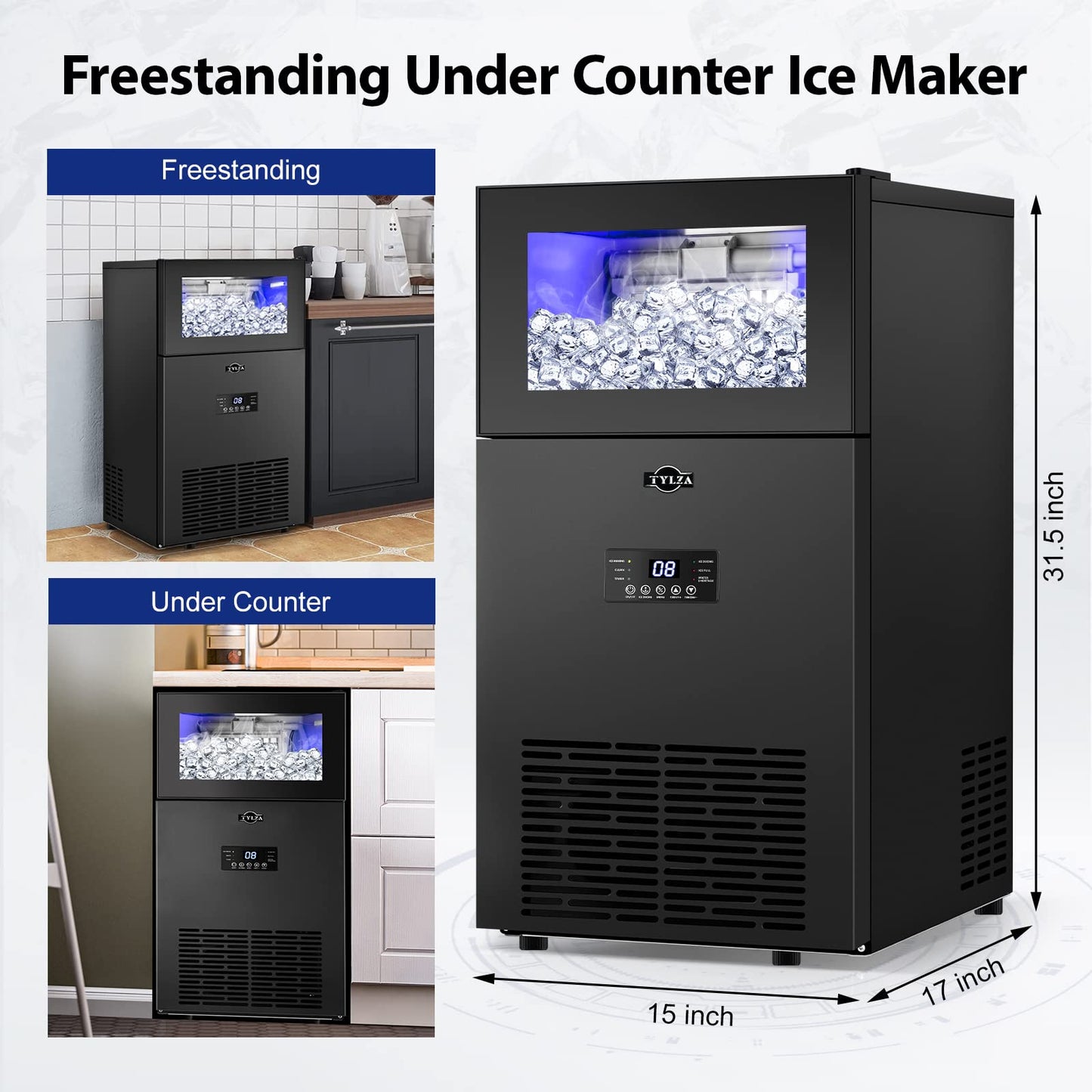 Commercial Ice Maker Under Counter, 170LBS/24H with 35LBS Ice Storage Capacity, 15 Inch Wide Stainless Steel Commercial Ice Machine Freestanding/Built-in Large Ice Machine
