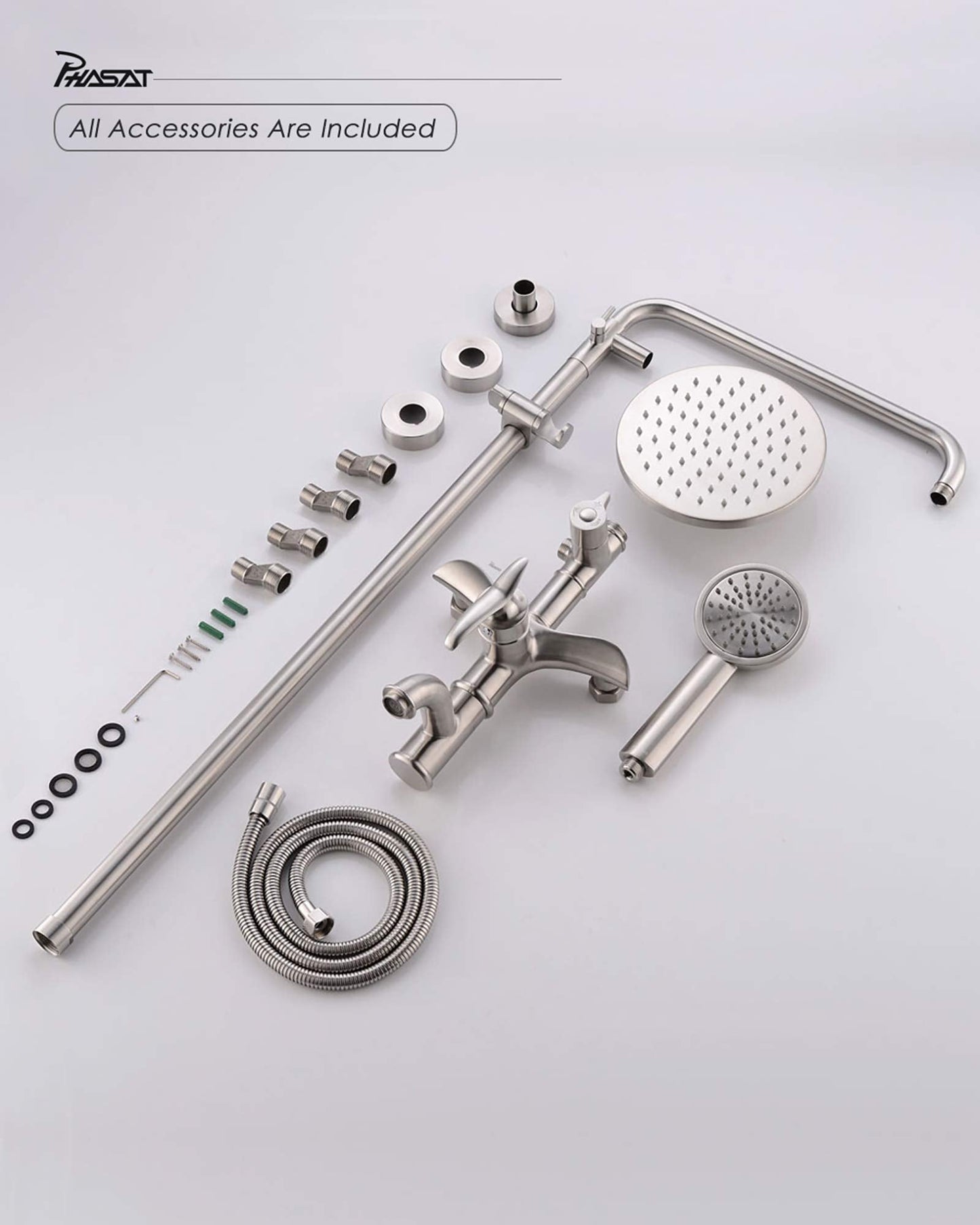 PHASAT Shower Fixtures,SUS 304 Stainless Steel Wall mounted Exposed Shower System,3 Function Outdoor Shower,Brushed Nickel,CT8121