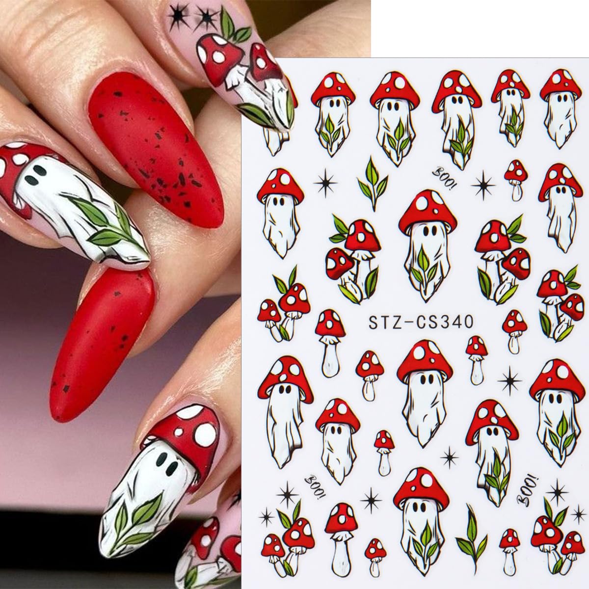 8 Sheets Halloween Nail Stickers 3D Self-Adhesive Horror Mushroom Nail Art Stickers Cat Flower Spider Pumpkin Nail Design Cute Ghost with French Tip Gothic Nail Decals for Women Manicure Salon