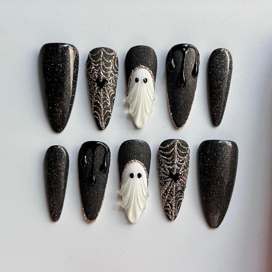 MAGLFELL Halloween Press On Nails Handmade Long Stiletto Fake Nails, Apparition nails Sparkling Design press ons,10 Pcs Reusable Painting Fingernail Tip Salon Artificial Nails Kit (Size S）