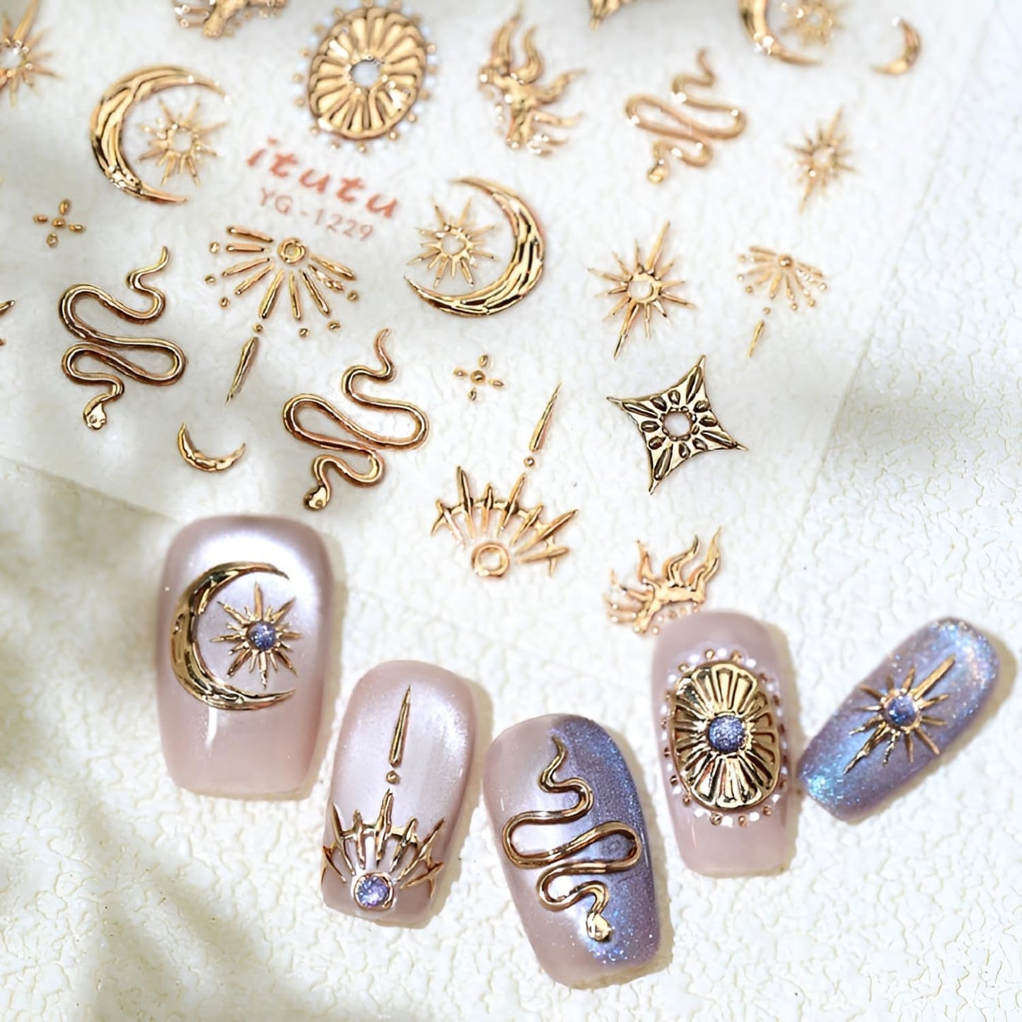 2 Sheet Snake Nail Stickers Silver Gold Nail Art Stickers Decals with Moon Sun Design Nail Stickers for Nail Art 5D Embossed Manicure Decoration for Women Nails Supplies