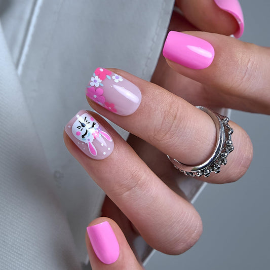 Curvlife Tip Press on Nails Acrylic Fake Nails with Design Full Cover False Nails for Women Reusable Nail Kit with Nail Glue Adhesive Tabs Nail File (rabbit, Short)