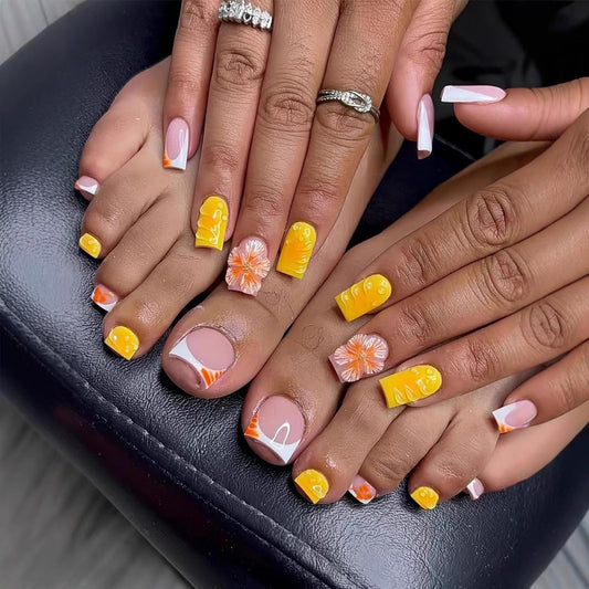 48Pcs Yellow Orange Press on Nails Medium Square Press on Toenails, French Tip Square Fake Nails, Summer Tropical Flower Design False Nails for Women Summer Manicure Kit