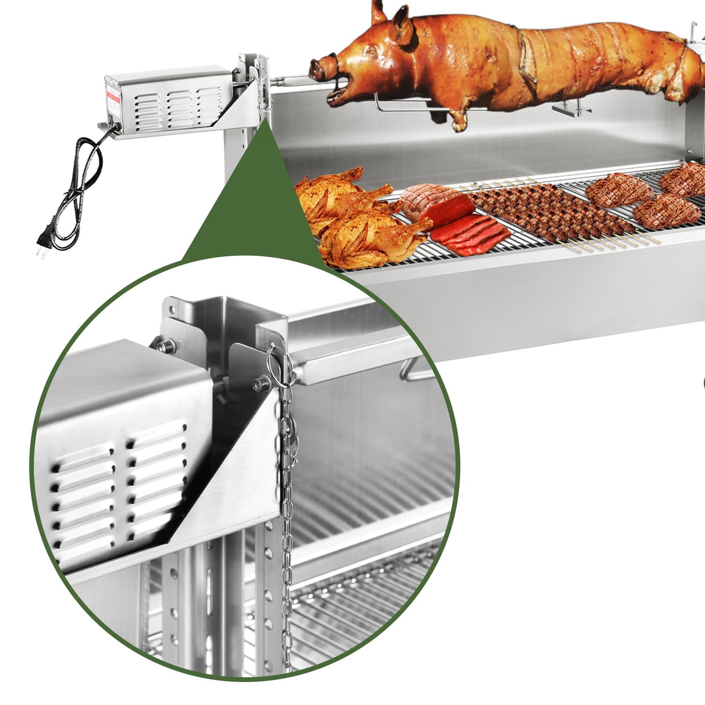 Kendane Rotisserie Grill Charcoal Spit Roaster, Stainless Steel 46" Pig Lamb Hooded Roaster Charcoal Spit with 30W Motor & Adjustable Height Lockable Casters for Party Barbecue, Rated 150 LB