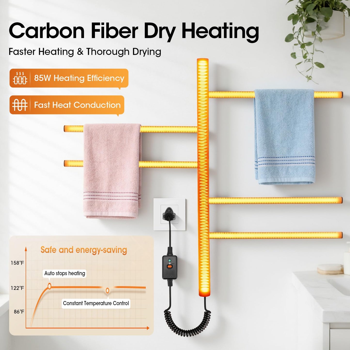 Swivel Heated Towel Rack, 180° Rotating, 5 Bars, Wall-Mounted, Electric Towel Warmer with Touch Panel, 1H-9H Timer, Temperature Regulation for Bathroom, Home, Salons and Spas
