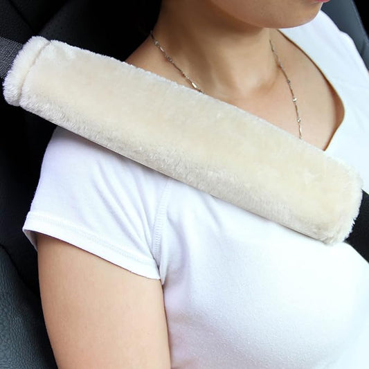 Amooca Soft Faux Fur Universal Fit Seatbelt Cover Car Truck SUV Airplane Seat Belt Shoulder Pad for Carmera Backpack Straps Neck Cushion Protector 2 Pack 10.5in Beige