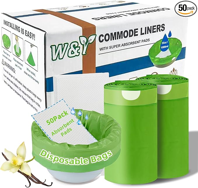 W&Y 50 Pack Commode Liners with Super Absorbent Pads, Universal Fit All Standard Toilet Chair Bucketï¼Vanilla-Scented Portable Sanitary Bag for Adult Toilets and Camping Toiletsï¼50 Bags+50Padsï¼