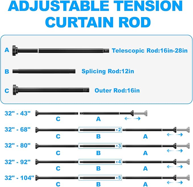 TEECK Shower Curtain Rod, 32-104 inch Adjustable Spring Tension Curtain Rod, Never Rust Anti-Slip Shower Curtain Rod for Bathroom, No Drilling, Never Collapse, Easy to Use, Black