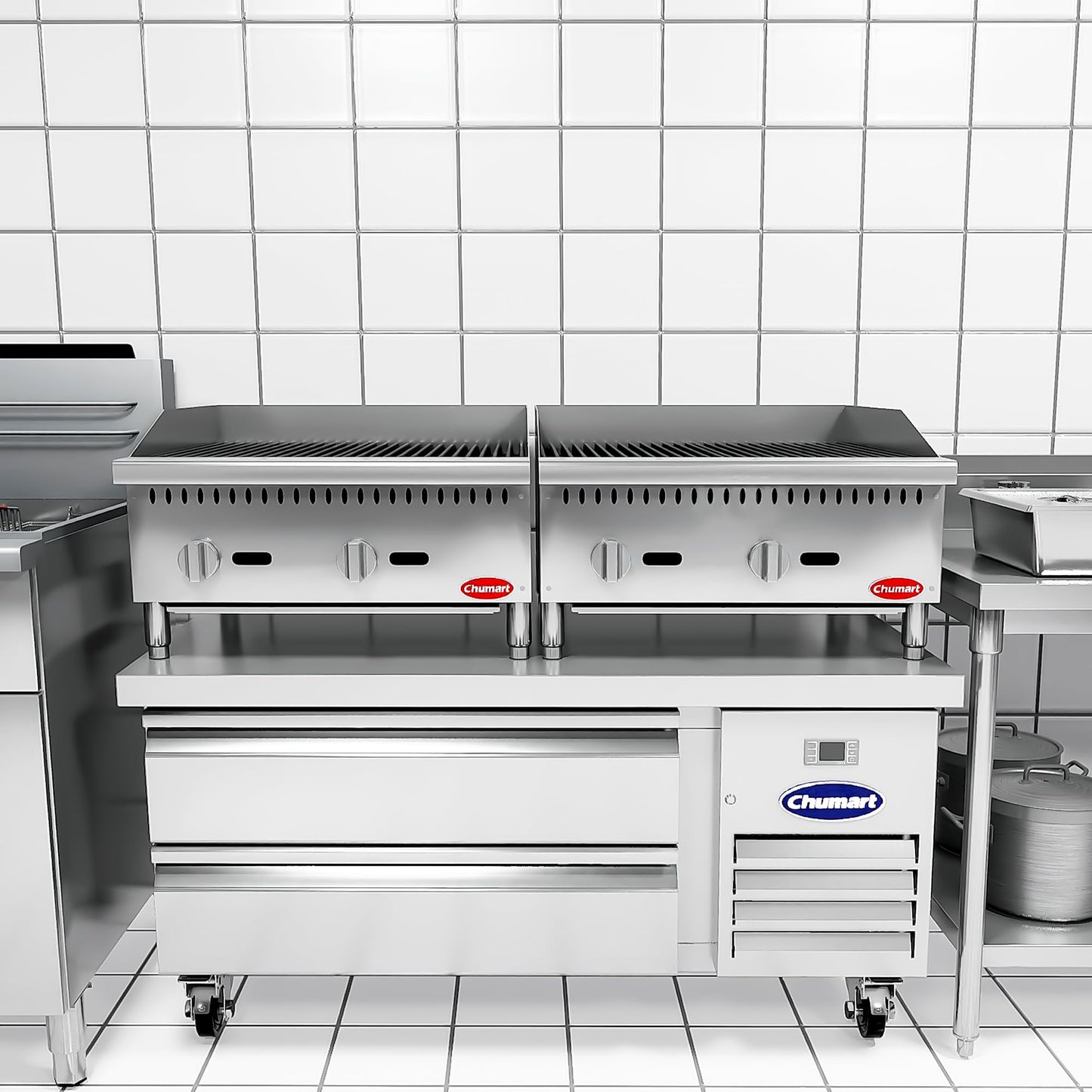 CHUMART 24” Commercial Charbroiler 2 Burners Gas Radiant Charbroiler with 70000 BTU U-Shaped Burners, Natural/Propane Gas Countertop grill with LP Conversion Kit for Restaurant