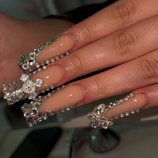 BABALAL Long Square Press on Nails - Rhinestone French Tip Metallic Cross Butterfly Charm Luxury Goth Bling Acrylic Squoval Glue on Nails 24 Pieces