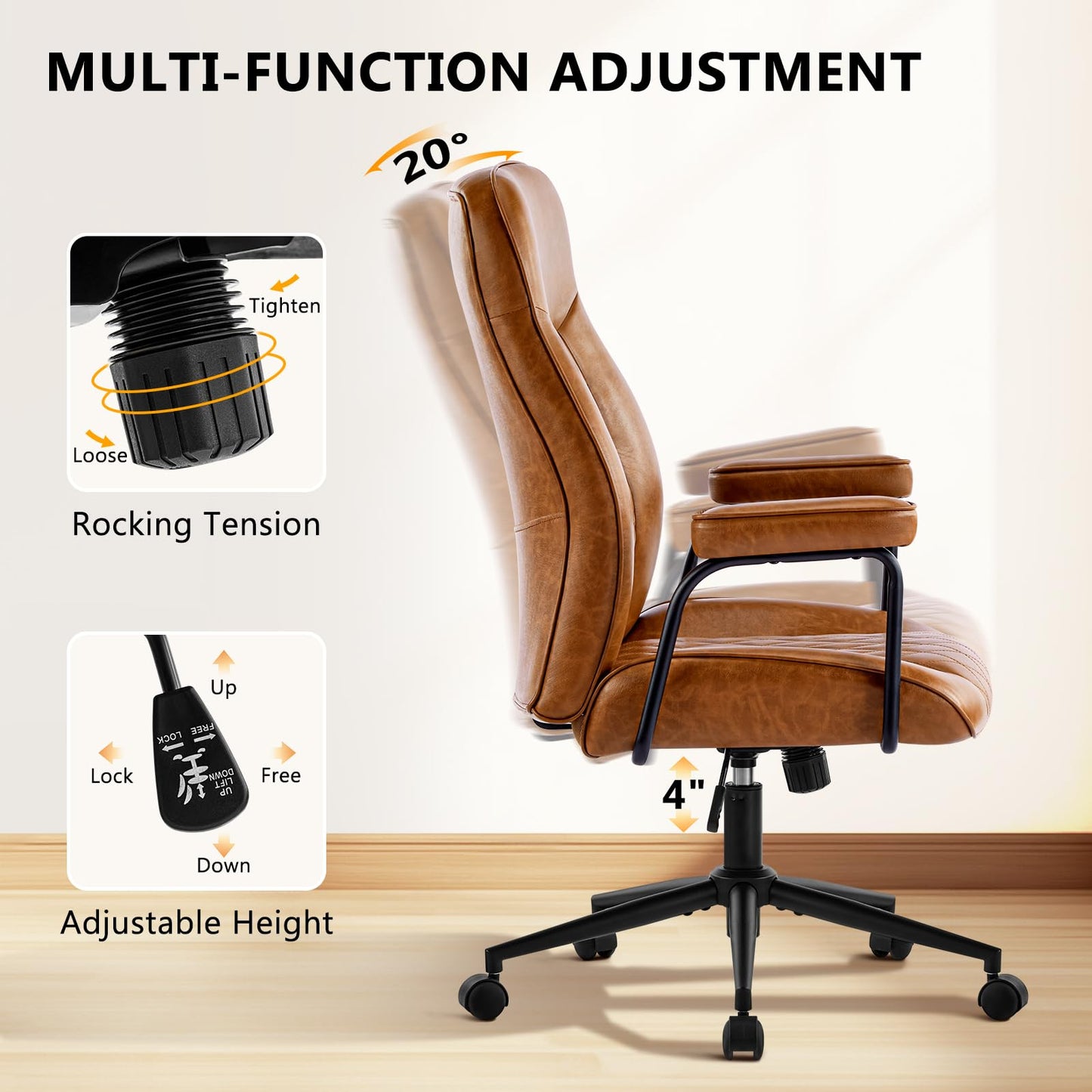 Furnistyle Leather Home Office Desk Chairs, Comfy Office Chair, Mid Century Modern Office Chair with Lumbar Support, Mid-Back Adjustable Swivel Computer Chair with Wheels and Arms, Brown