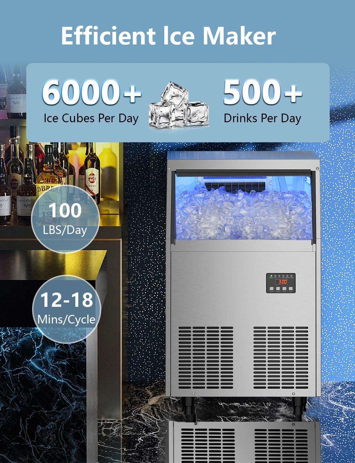 Coolski Commercial Ice Maker Machine 100Lbs/24H, Under Counter Ice Machine with 34lbs Ice Storage Bin, Stainless Steel Freestanding Ice Maker for Restaurant, Bars, Home and Offices