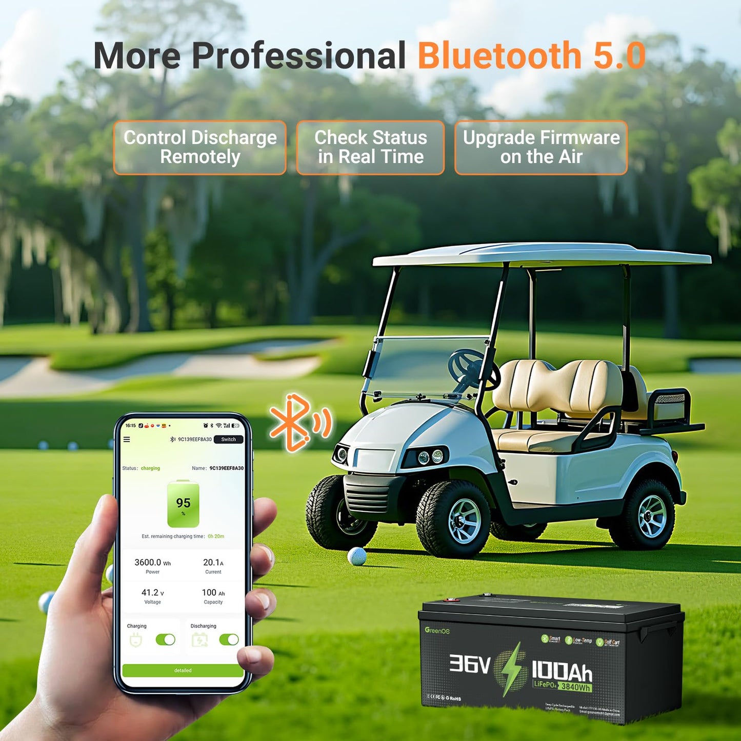 36V 100Ah Lithium Golf Cart Battery, 36V LiFePO4 Battery, Built-in 200A BMS, Golf Cart Batteries with Bluetooth APP & LCD Monitor, 43.8V 20A Charger, Max with 7.68kW Output, 1000A Peak Current