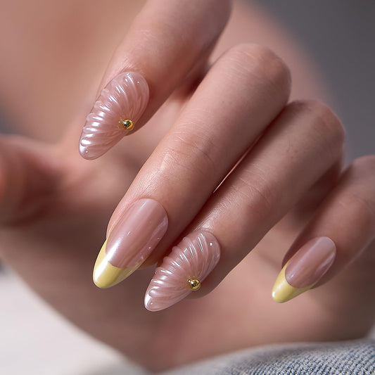 CurvLife Soft Gel Almond Press-On Nails Short,30Pcs Reusable Fake Nail Tips with Adhesive Tabs, Salon-Quality Stick-On Nails for At-Home Manicure (Pearl Tides)
