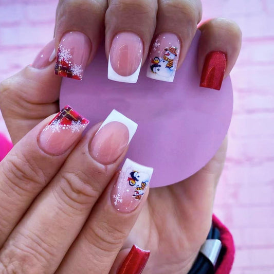 Christmas Medium Square False Nails Snowflake Press on Nails Snowman Gel Glue on Nail 24Pcs Silver Glitter Stick on Fingernails Glossy White French Tips Acrylic Fake Nail for Women Xmas Gift