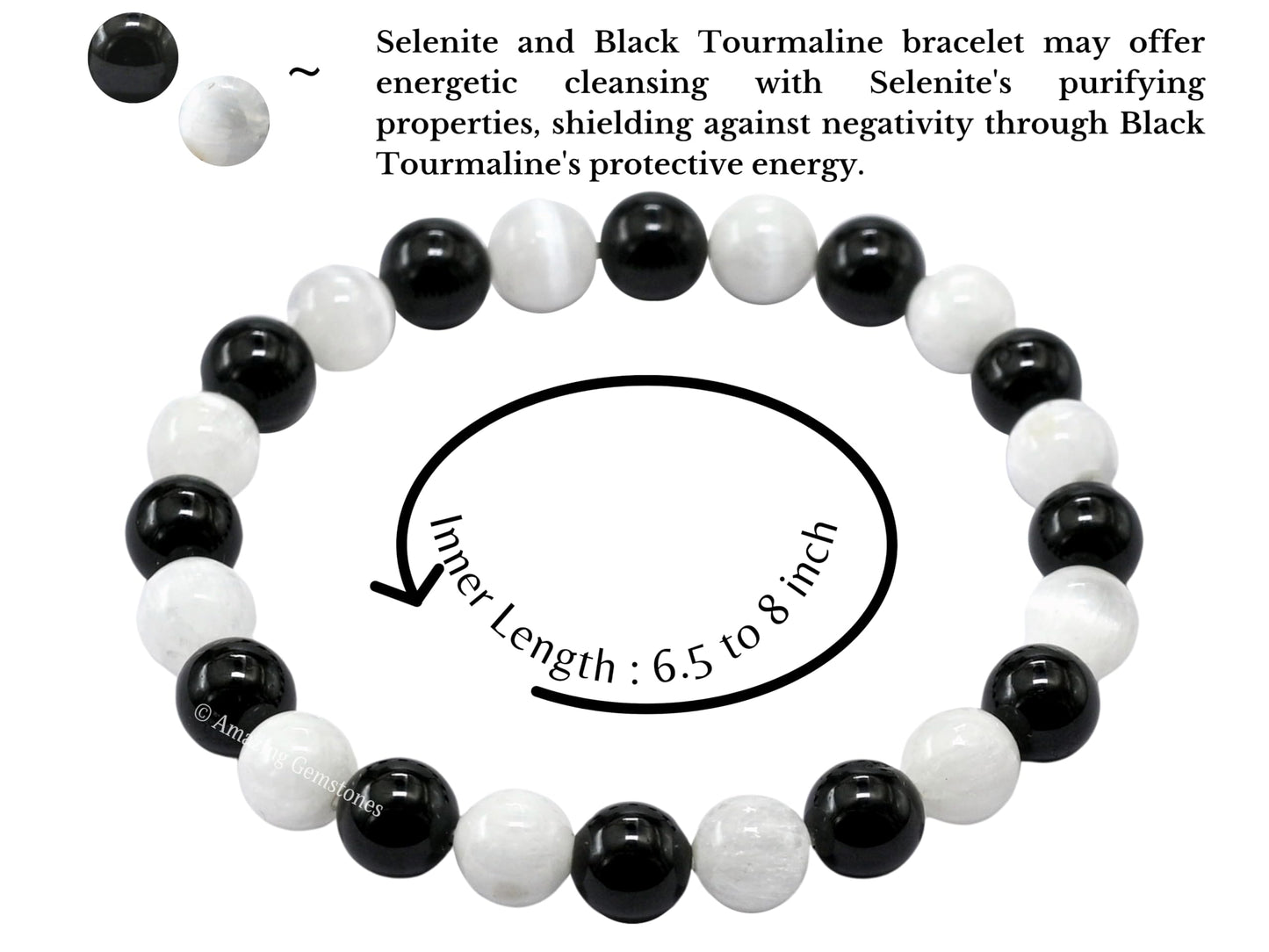 Amazing Gemstone Crystal Bracelet for Women Men's Gifts - Protection Healing Crystal Bracelet - 8mm Gemstone Beaded Stretchable Bracelet Pulseras Para Hombres Mujer Stocking Stuffers Mothers Day Gift (Black Tourmaline Selenite)