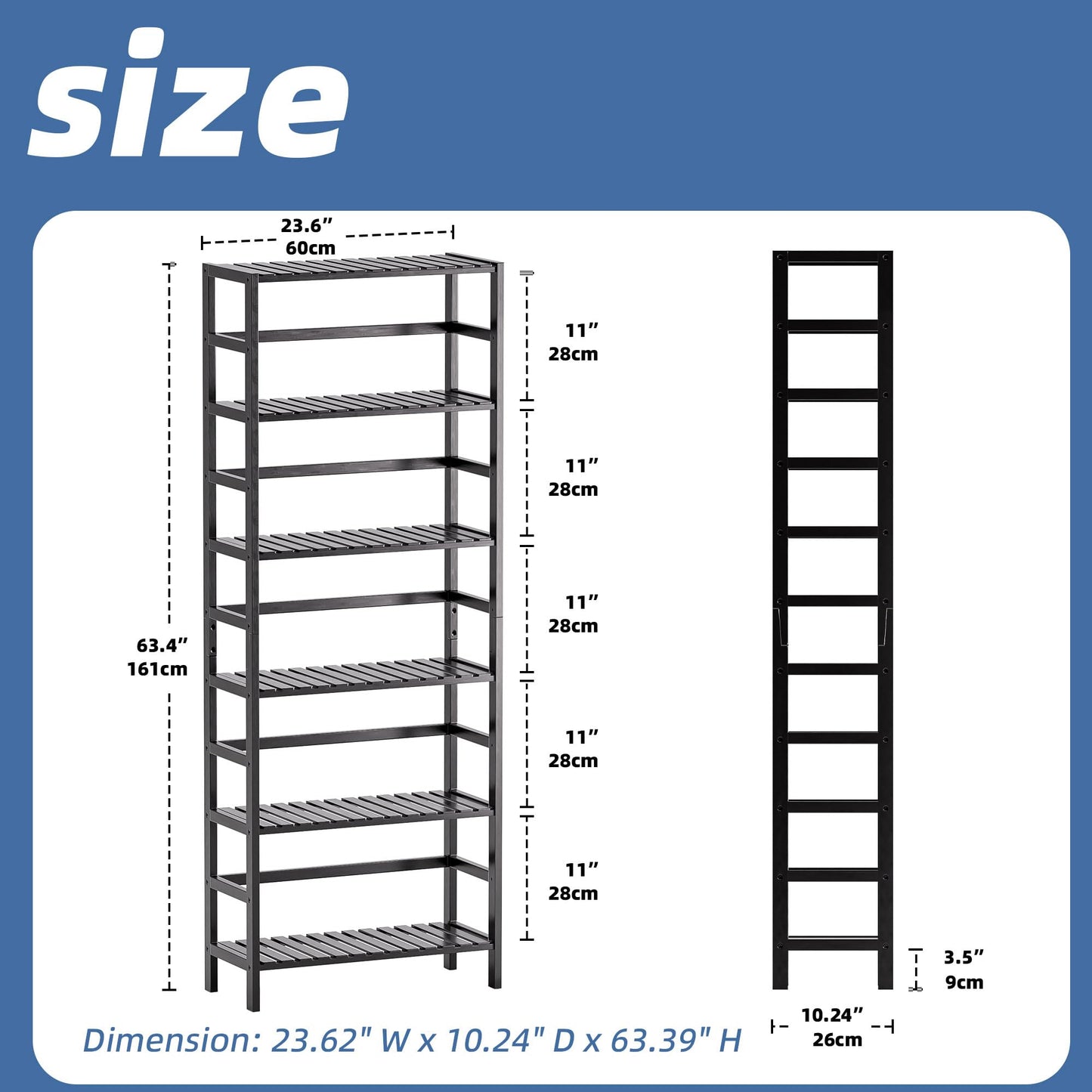 HITNET Bamboo Bookshelf, 6-Tier Tall Open Bookcase with Adjustable Shelves, Floor Standing Storage Shelf Unit for Living Room Bathroom Home Office, Black