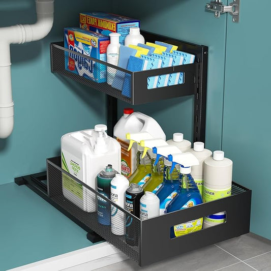 TISTAYA Under Sink Organizer, Metal Under Sink Organizers and Storage, Slide Out Pull Out Cabinet Organizer for Kitchen, Bathroom, Pantry, Laundry, Study, Black