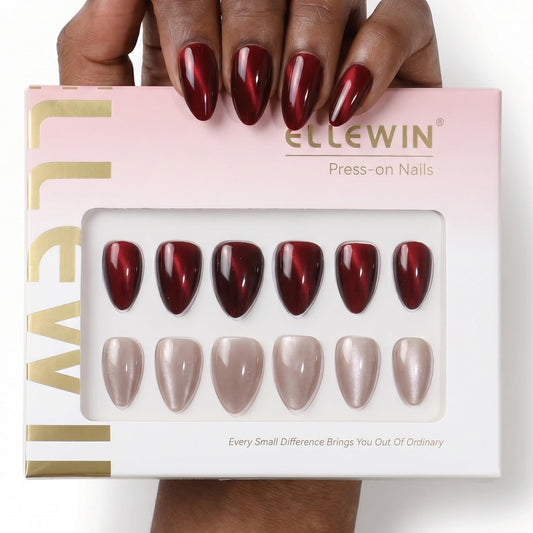 ELLEWIN 60 Pcs Cat Eye Press on Nails Medium Almond - Burgundy & Nude, 15 Sizes Acrylic Glossy Glitter Stick on Nails Set with Glue, Remover & Accessories for Women