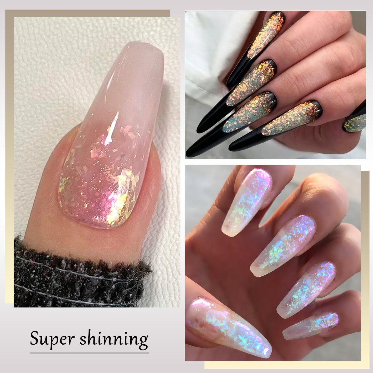 Holographic Aurora Opal Nail Flakes,12 Colors Iridescent Mermaid Nail Powder Gradient Ice Slag Nail Sequins Spring Summer for Gel Polish, Acrylic Nails, DIY Manicure & Resin Craft Supplies