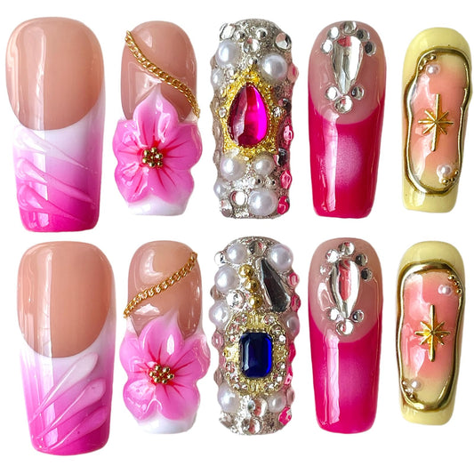 Handmade Press on Nails - 3D Pink Floral Design with Full Diamond & Gold Chains, Medium Long Square Shape Acrylic False Nails, Reusable Luxury Glam Nail Art (Satin Rose, L)