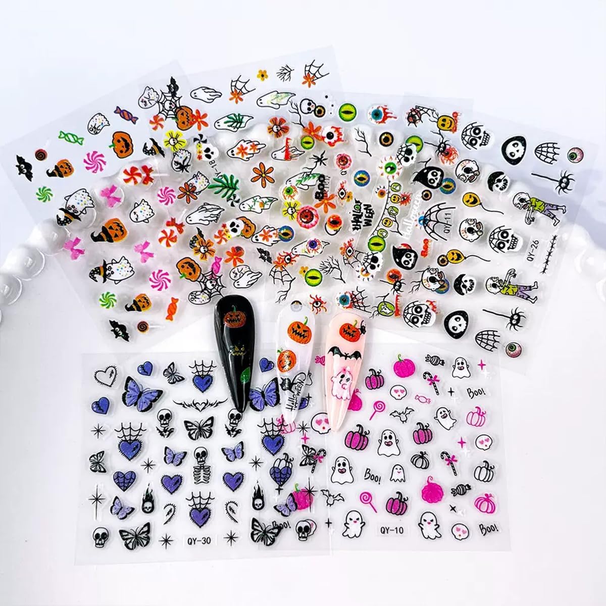 30 Sheets Halloween Nail Art Stickers Cute Ghost Pumpkin 3D Self-Adhesive Nail Decals Bat Cat Skull Designs Nail Decorations Halloween DIY Manicure Supplies for Women Girls&Kids