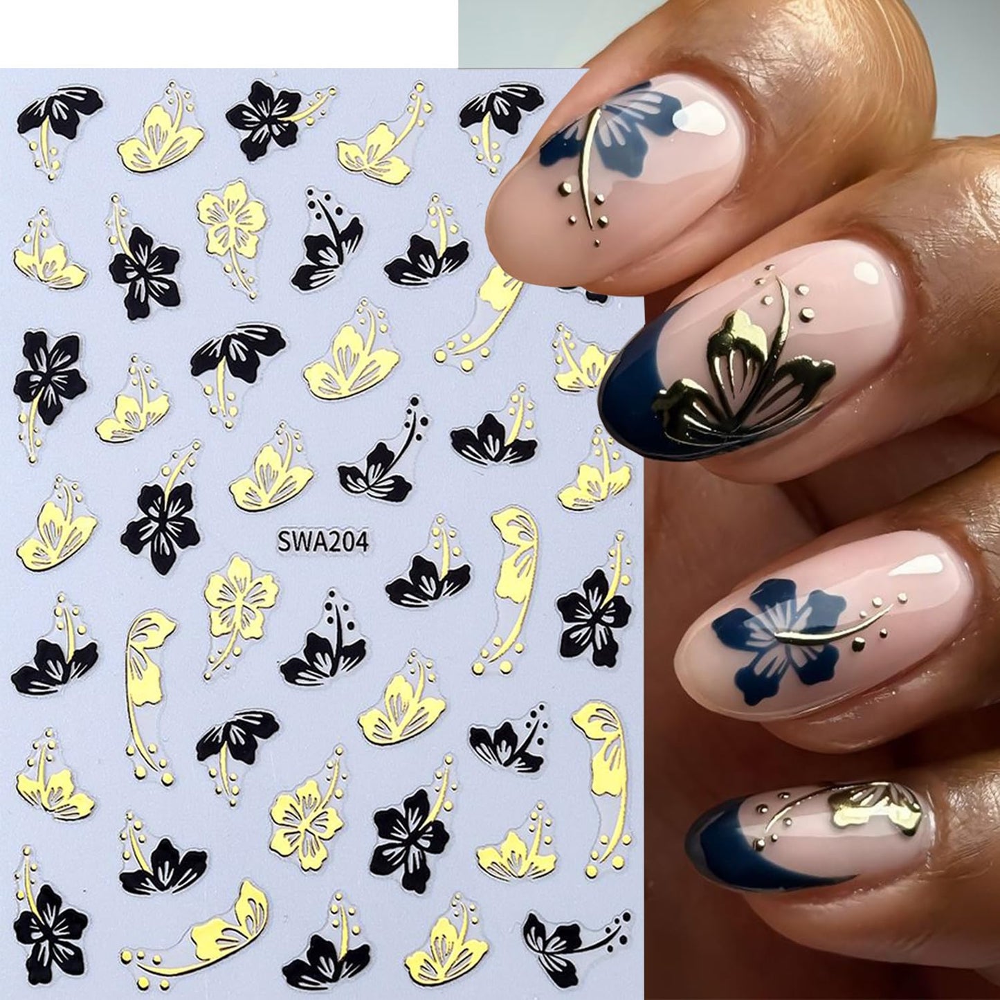 6 Sheets Flower Nail Art Stickers 3D Self -Adhesive Hibiscus Nail Decals Holographic Gold Silver Black Hibiscus Floral Nails Stickers for Women Spring Summer Acrylic Nails Decoration Supplies