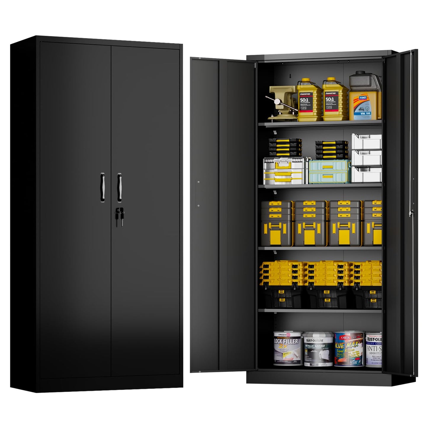 CBCNWR Metal Storage Cabinets with Lock, 71” Metal Garage Storage Cabinet, Black Garage Storage Cabinets with Doors and Shelves, Locking Cabinet for Office, Home, Warehouse, Tool